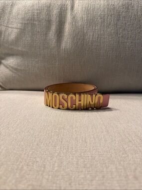 Moschino Pink Leather Belt with Gold Logo Hardware